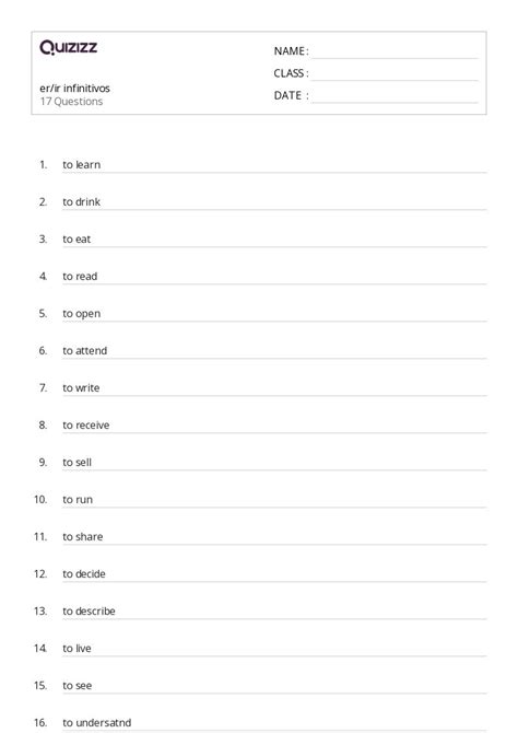 Infinitivos Hojas De Trabajo Para Grado En Quizizz Gratis E