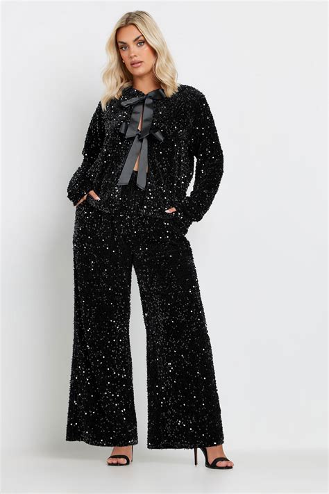 Yours Plus Size Black Sequin Wide Leg Trousers Yours Clothing