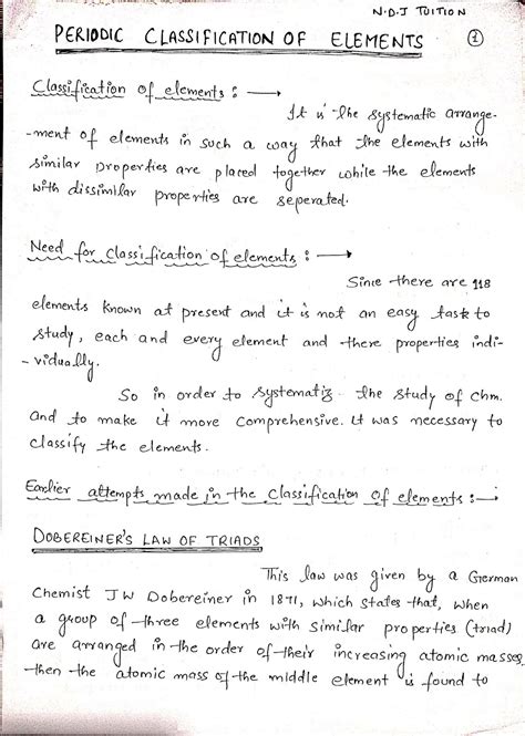 Periodic Classifications Of Elements Handwritten Notes For Class 10th