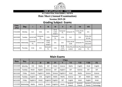 Date Sheets For Half Yearly And Main Examination Global Public School