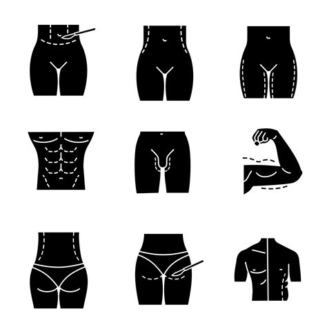 Plastic Surgery Glyph Icons Set Tummy Tuck Waist Thigh Buttock