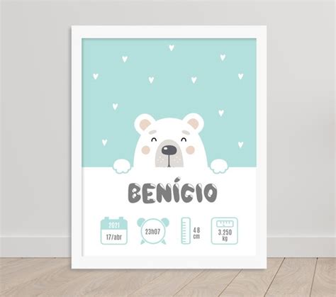 Quadro De Nascimento Moldura Urso Polar Minimalista No Elo7