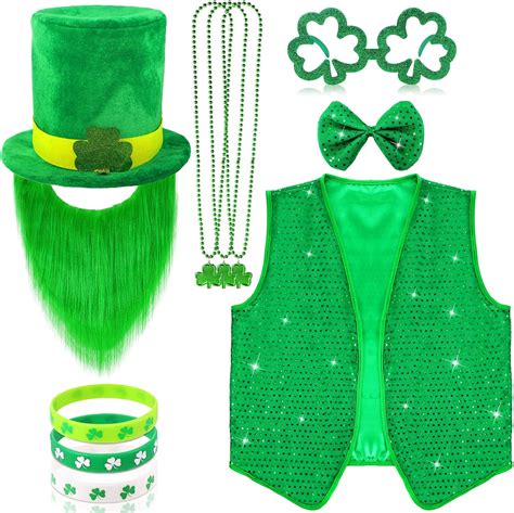 Laumoi 10 Pcs St Patricks Day Costume Shamrock Leprechaun Hat With Beard Sequin Bow