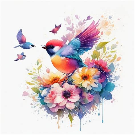 Premium AI Image Colorful Watercolor Bird Sparrow Decorated By Leaves