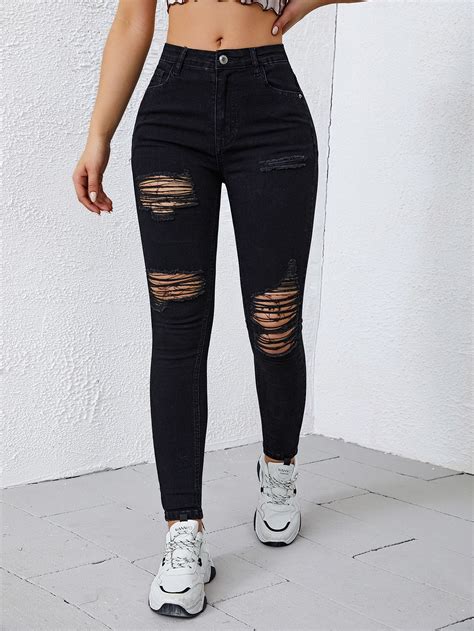 Black Collar Denim Plain Skinny Embellished High Stretch Women Clothing