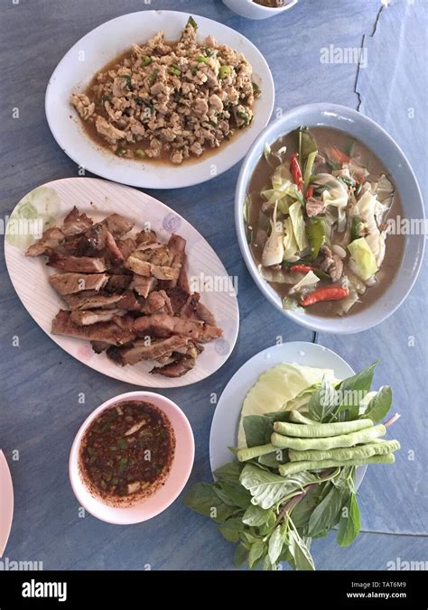 Northeast Thai Food Or Thai Esan Food Papaya Salad Minced Pork