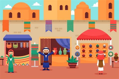 Free Vector Flat Design Arab Bazaar Illustration With Characters And