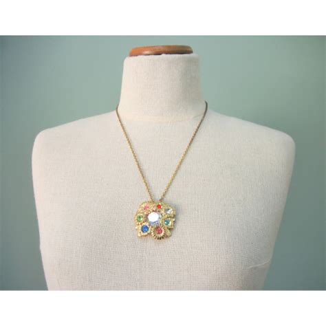 Vintage Colorful Rhinestone Floral Pendant Necklace Gold Tone Flowers