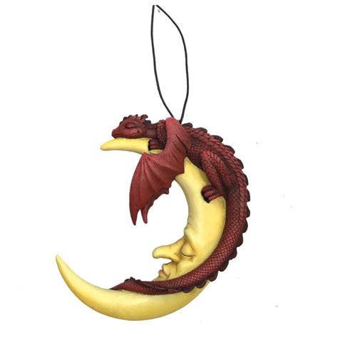 Crescent Slumber Red Dragon And Moon Hanging Ornament