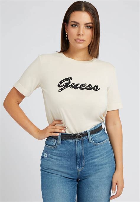 Guess Strass Logo T Shirt Print Beige Zalandoat