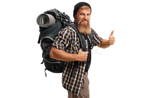 Bearded Man Hiker With A Backpack Smiling And Showing Thumbs Up Stock