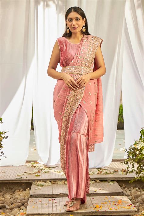 Buy Pink Pleated Embroidery Sequin And Thread Round Saree Gown With