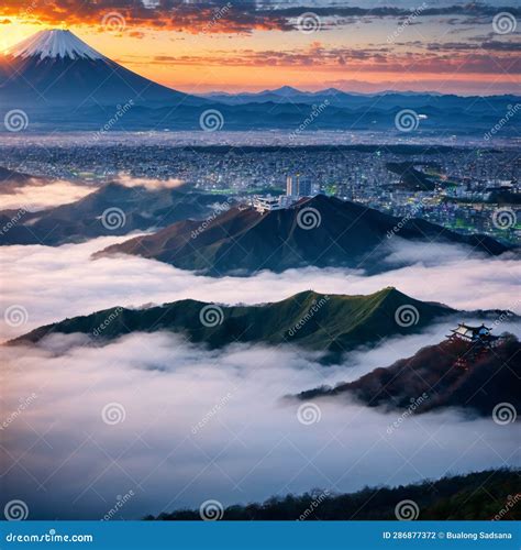 Aerial Panorama Landscape Of Fuji Mountain Iconic And Symbolic