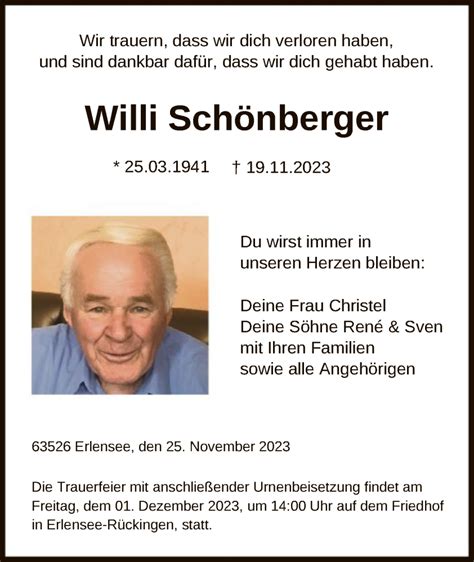 Traueranzeigen Von Willi Sch Nberger Trauer Op Online De