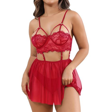 ALOECDYV Lace Babydoll Dress Lingerie Women S Mesh Nightwear Chemise Black Red S For Sale