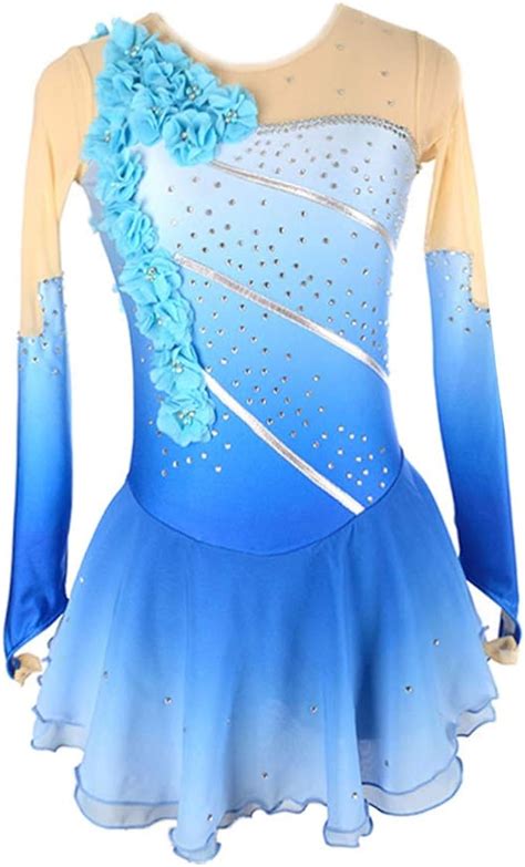 Liuhuo Blue Ice Figure Skating Dress Gradient Beaded Flowers Long Sleeves Roller Skating Dress