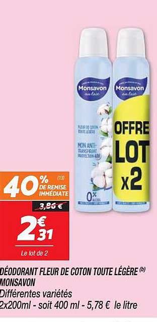 Promo Déodorant Fleur De Coton Toute Légère Monsavon chez Netto