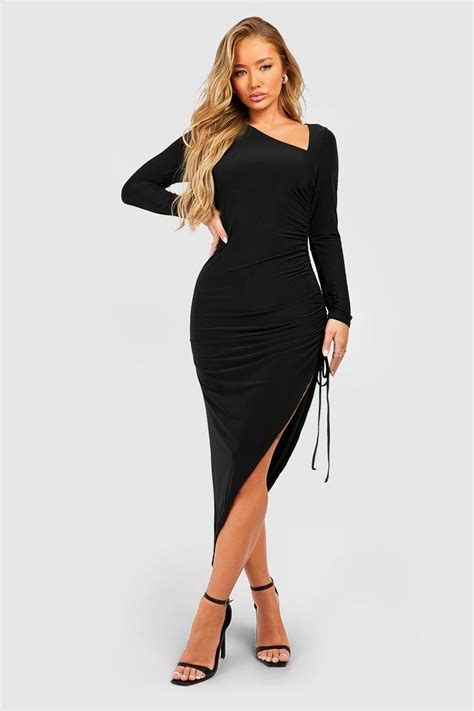 Double Slinky Rouched Asymmetric Midaxi Dress Boohoo Uk