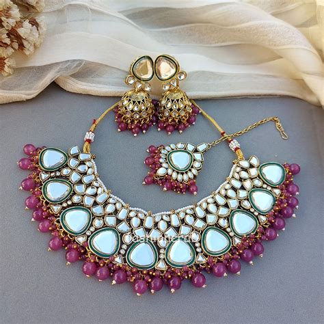 Purple Kundan Jewellery Set For Wedding FashionCrab