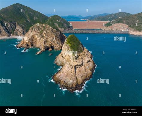 Aerial Drone Over Mountain Landscape In Hong Kong Geographical Park In