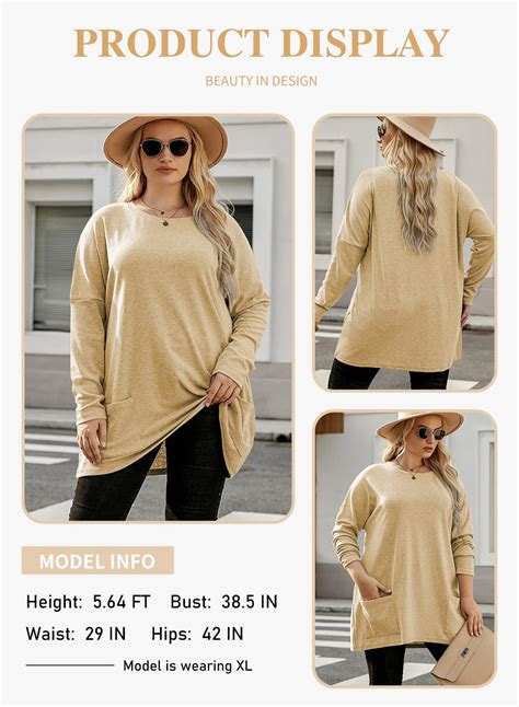 Eytino Womens Plus Size Crewneck Tunic Shirt Casual Long Sleeve Solid Color