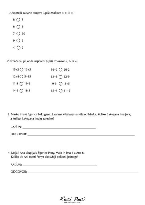 Iz Matematike Radni Listovi Zadaci Za Prvi Razred Osnovne Kole Za