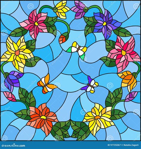 Buntglasillustration Mit Hellen Farbigen Blumen In Einem Kreis Und