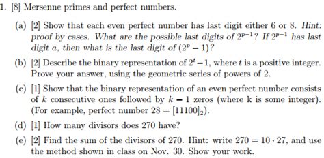 Solved 1 8 Mersenne Primes And Perfect Numbers A 2