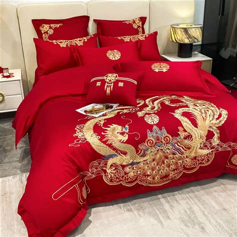 Luxury Red Dragon Tail Peacock Phoenix Wedding Duvet Cover Set Polyes