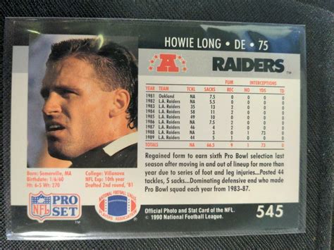 1990 Nfl Pro Set Howie Long 545 Oakland Raiders Football Card Hof Mvp