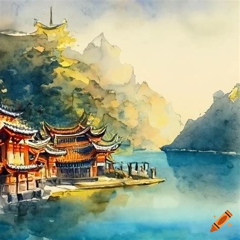 Watercolor Painting Of An Ancient Chinese Village With A Temple Near