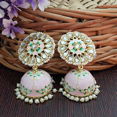 Floral Hand Painted Meenakari Light Pink Jhumka Earring FashionCrab