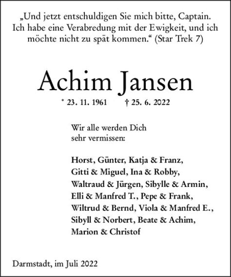 Traueranzeigen Von Achim Jansen Vrm Trauer De