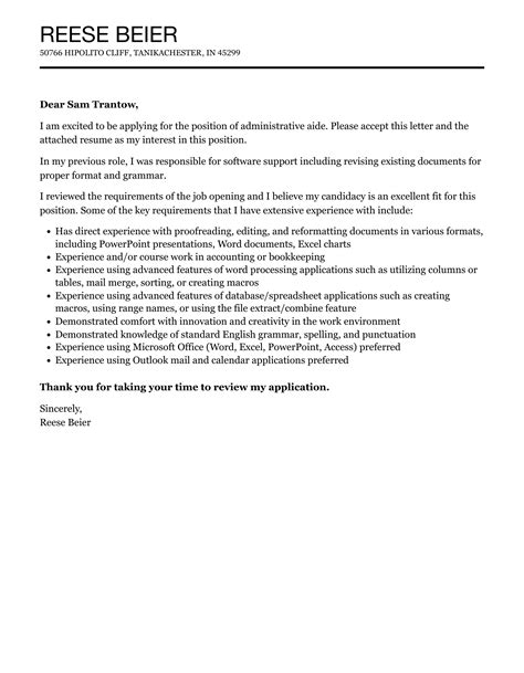 Administrative Aide Cover Letter Velvet Jobs