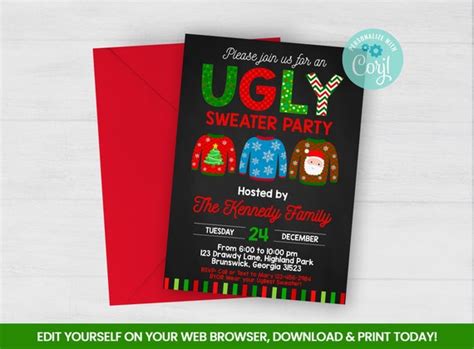 Editable Ugly Sweater Party Invitation Tacky Sweater Contest Self