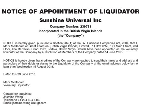 Notice Of Appointment Of Liquidator