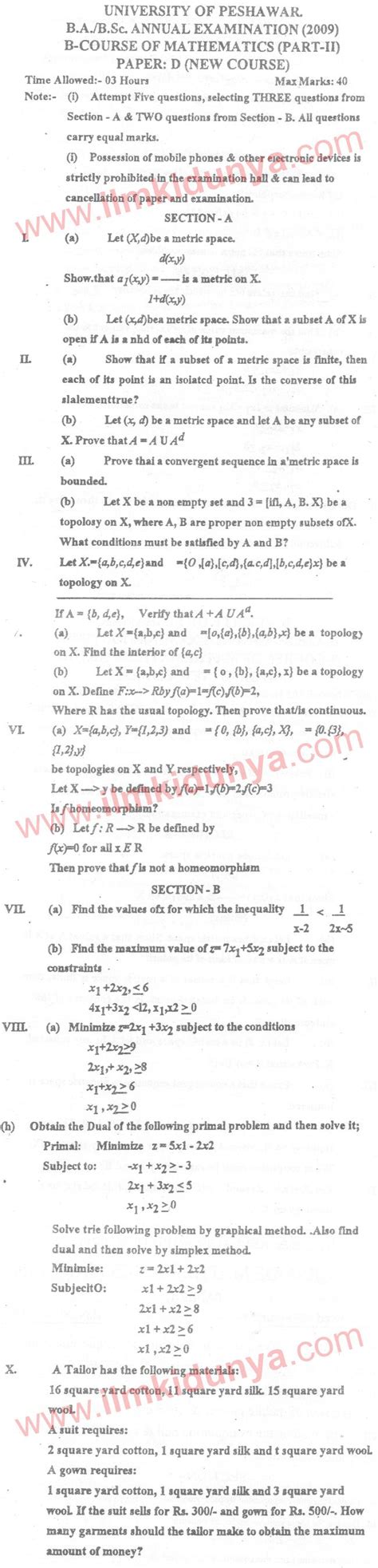 Past Papers 2009 Peshawar University Bsc Part 2 Mathematics Course B Paper D