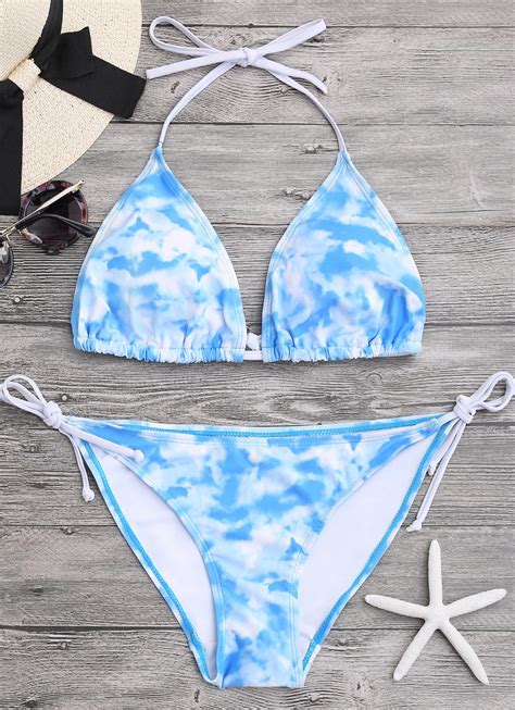 Blue Cloud Printing Triangle Bikini Set Women Pokeek Swimwear