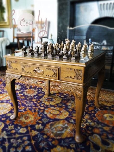 Rare Vintage Large Indian Hand Carved Teak Wood Chess Set Chess Table