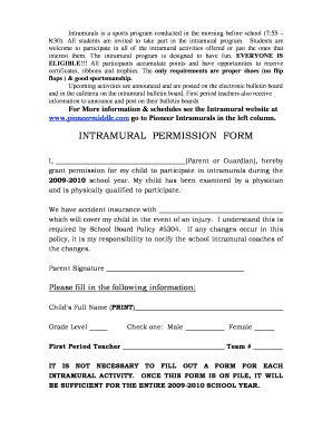 Fillable Online Intramural Permission Form Pioneer Middle School Fax