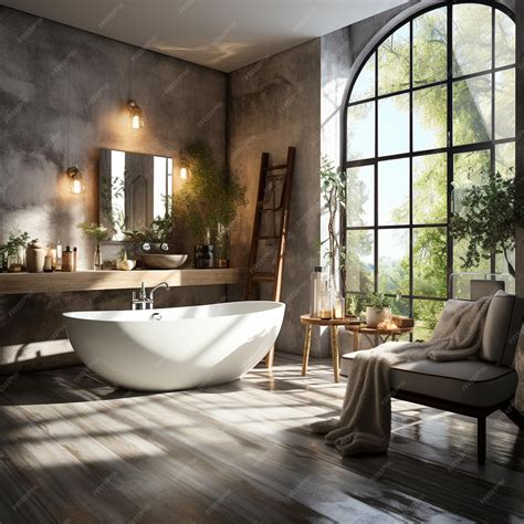 Premium AI Image | interior design of modern bathroom with wooden bathtub