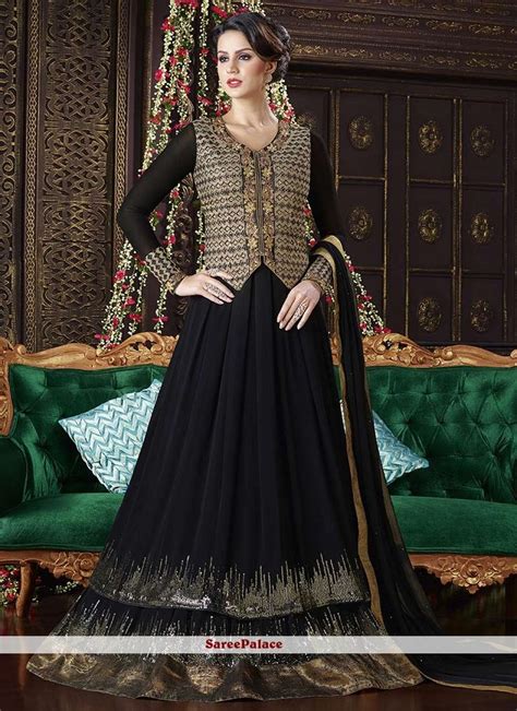 Buy Girlish Black Resham Work Faux Georgette Floor Length Anarkali Suit