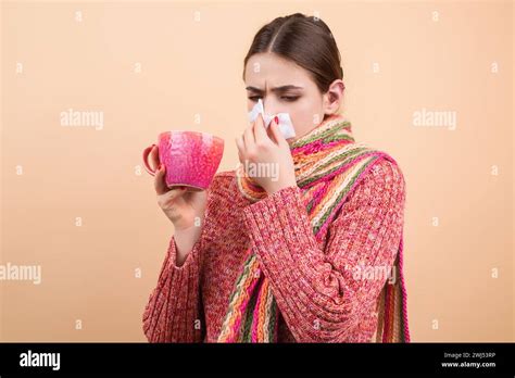 Blow From The Snot Woman In Sweater And Scarf Hold Napkin Blow Snot From Nose Isolated On