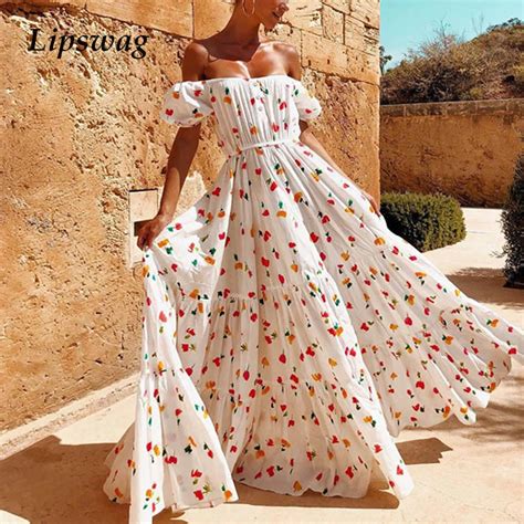 Lipswag Boho Off Shoulder Cherry Print Dress Women Sexy Slash Neck Maxi