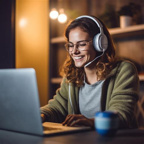 Premium Ai Image A Woman Wearing Headphones And A Laptop Computer