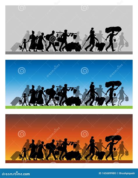 Walking Refugees Silhouette With Different Backgrounds Stock Vector