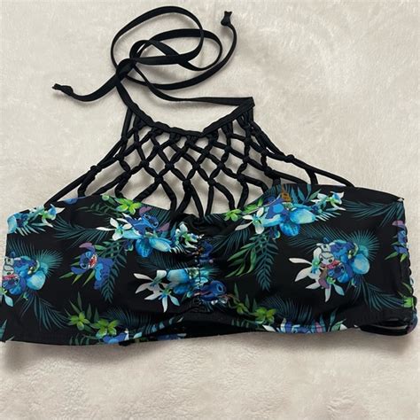 Disney Swim Disney Lilo And Stitch Black And Blue Floral Swimwear Bikini Top M Hot Topic