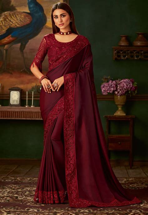 Maroon embroidered silk saree with blouse - Lilots - 3220939