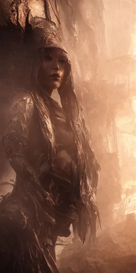 Krea Closeup On Beautiful Female Witch Exploring Scorched Ruins Of