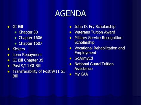 Military Education Benefits Agenda Gi Bill Gi Bill Chapter 30 Chapter 30 Chapter 1606 Chapter